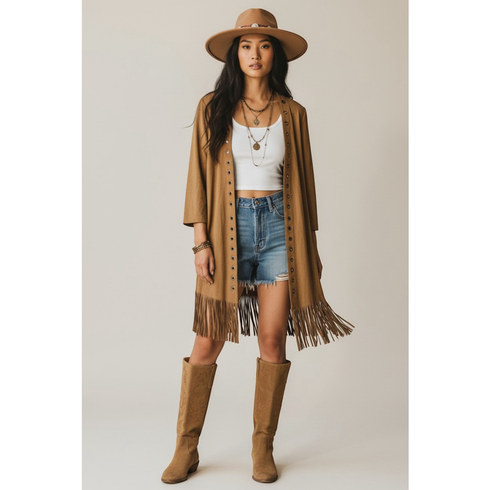 Parfois Tan Faux Suede Fringe Jacket Boho Western Festival Grommet S/M EUC - Picture 5 of 5